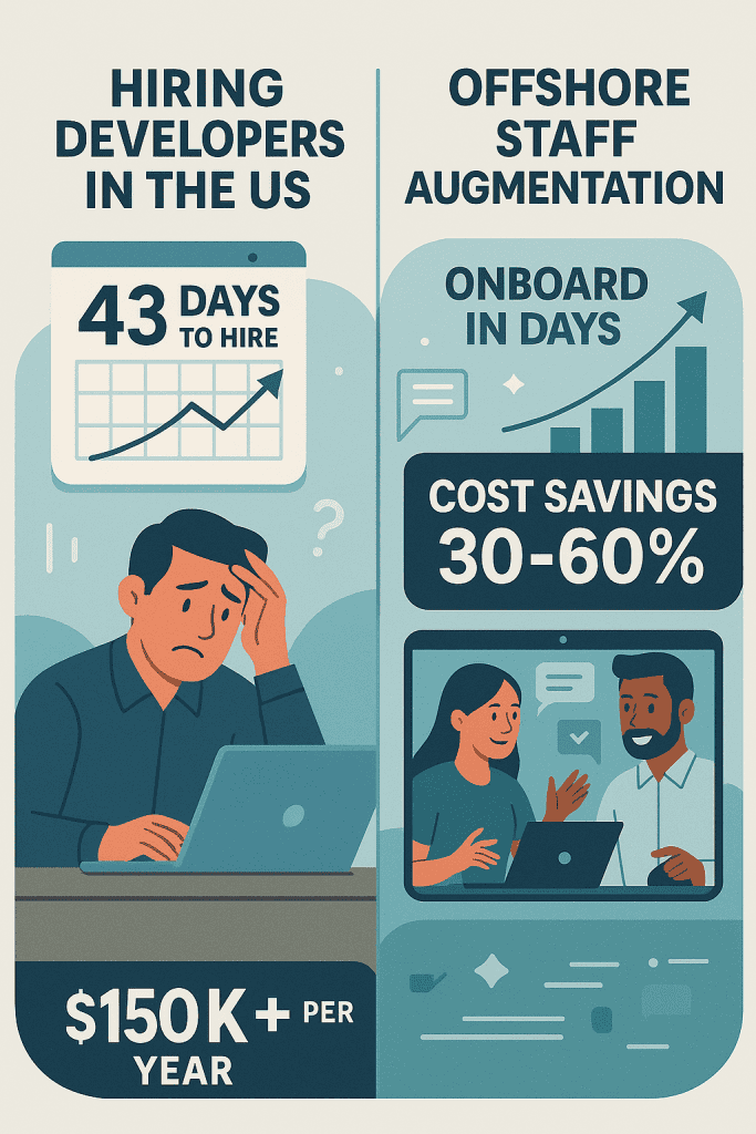 Infographic comparing hiring developers in the US vs offshore staff augmentation, showing 43 days to hire and $150K salary in the US versus faster onboarding and 30–60% cost savings with offshore teams.