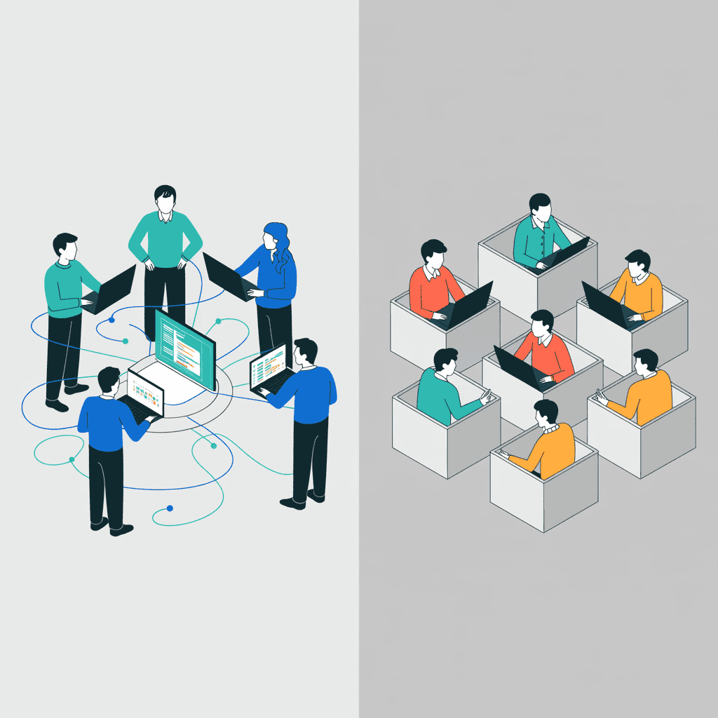 Side-by-side comparison illustration showing a unified full-stack development team on one side and siloed specialist teams on the other