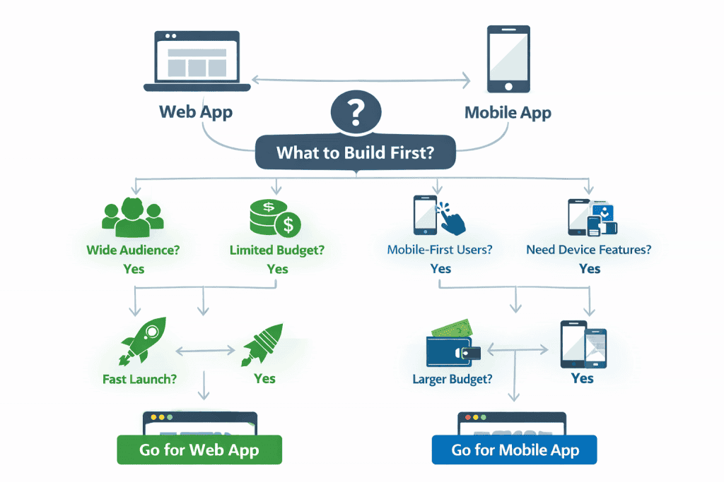 Decision tree showing how to choose between a web app vs mobile app Decision tree showing how to choose between a web app vs mobile app