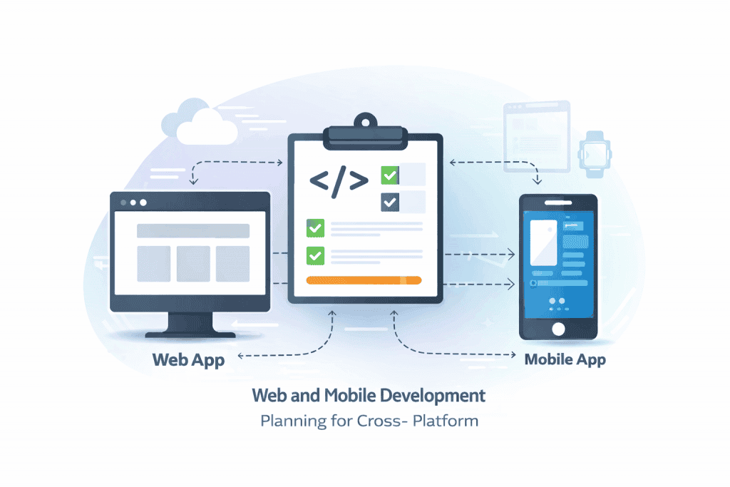 Illustration of web and mobile development across desktop and smartphone for cross platform product growth Illustration of web and mobile development across desktop and smartphone for cross-platform product growth