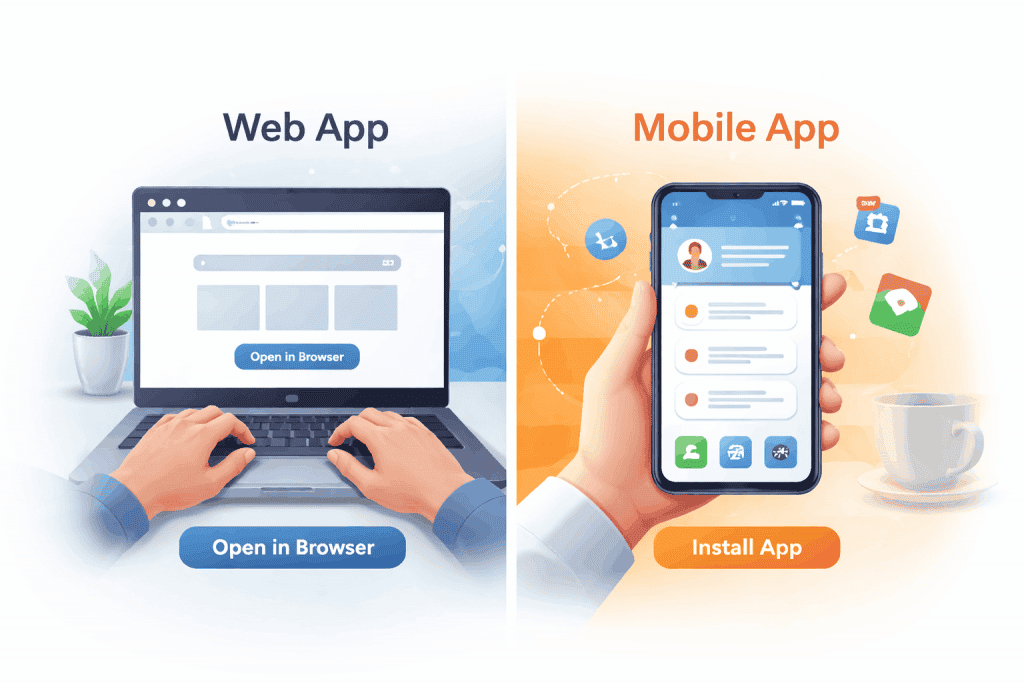 Comparison of web app vs mobile app showing browser based access on desktop and installed app experience on smartphone