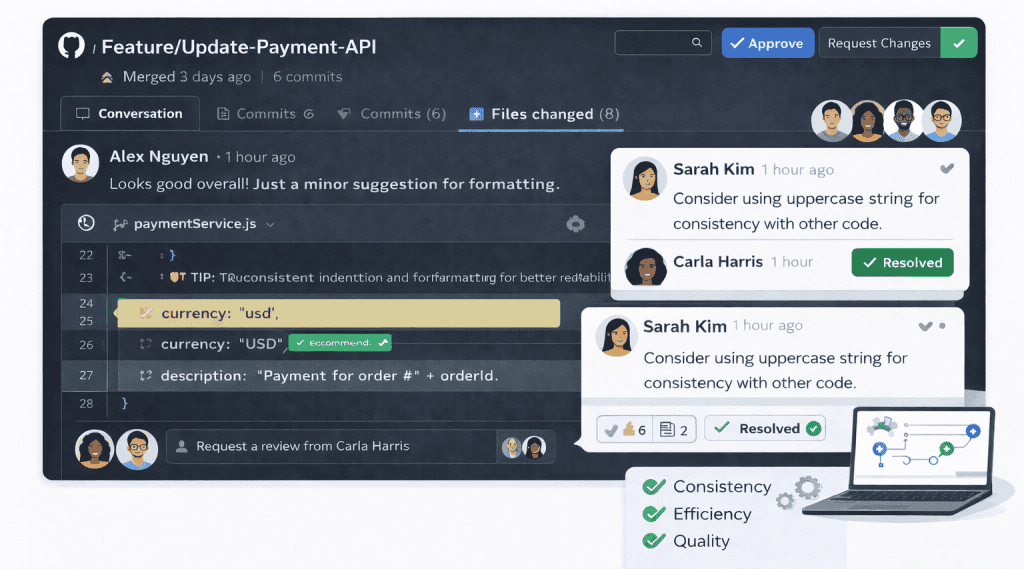 GitHub style branch and pull request review scene