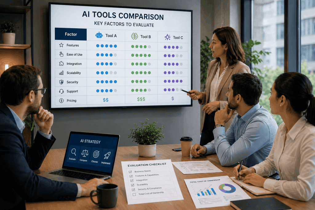 A business team reviewing AI decision criteria on a digital board with items like cost, scalability, integration, and security