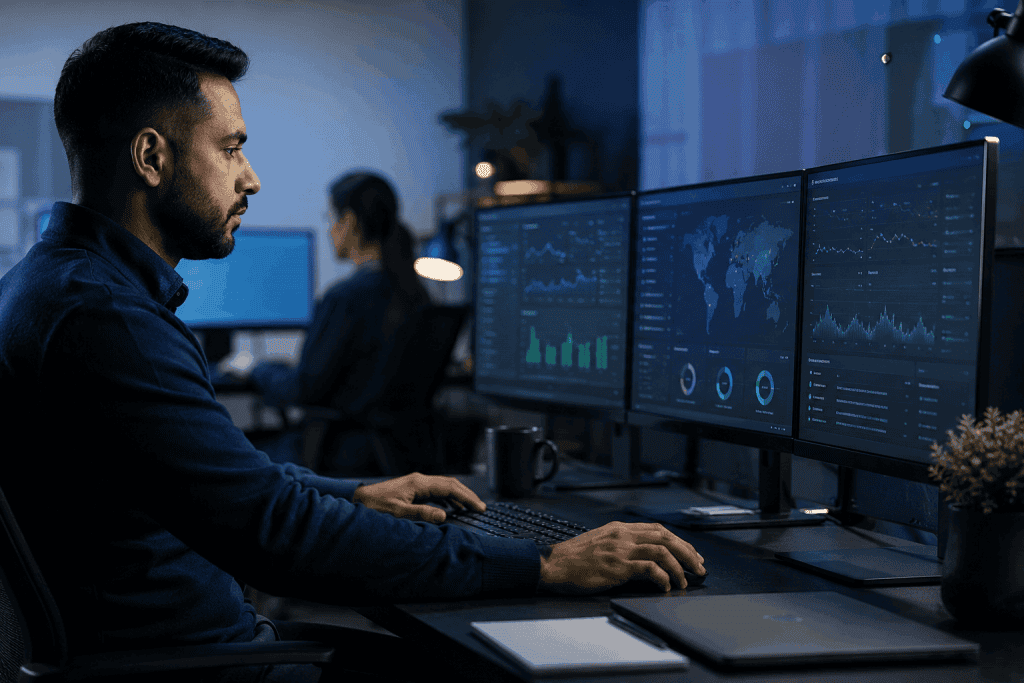 Managed IT services provider monitoring cloud infrastructure and technical support systems