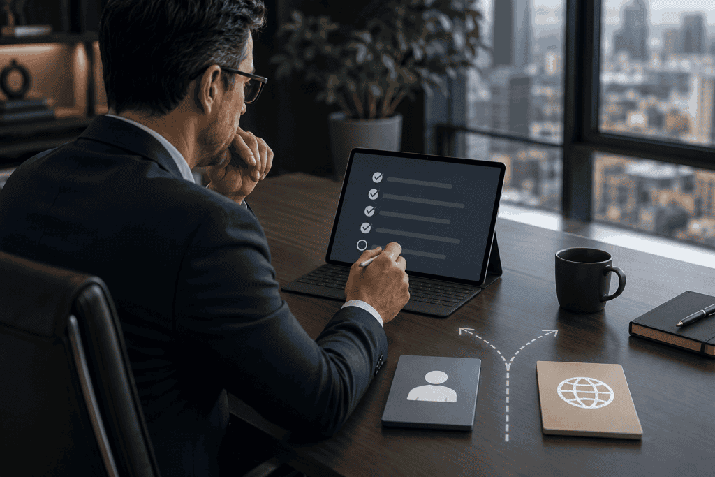 Business leader reviewing options before choosing between outsourcing models Business leader reviewing options in choosing staff augmentation vs managed services