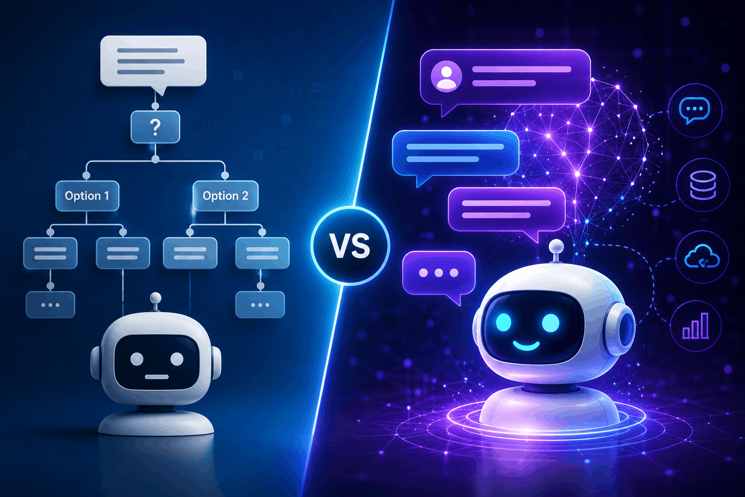AI chatbot vs traditional chatbot comparison showing rule-based automation beside conversational AI