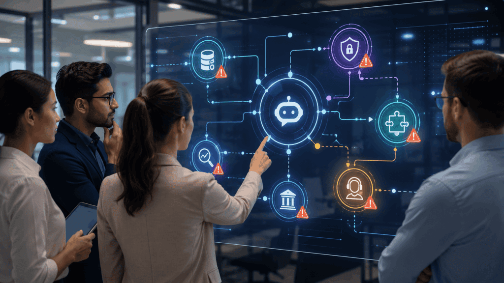 Business team reviewing AI chatbot risks, security, integrations, and performance considerations on a digital strategy board