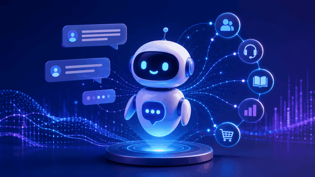 AI chatbot connected to customer support, knowledge base, e-commerce, and analytics systems through conversational AI.