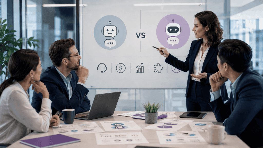Business team comparing AI chatbot vs traditional chatbot options during a strategic planning meeting.