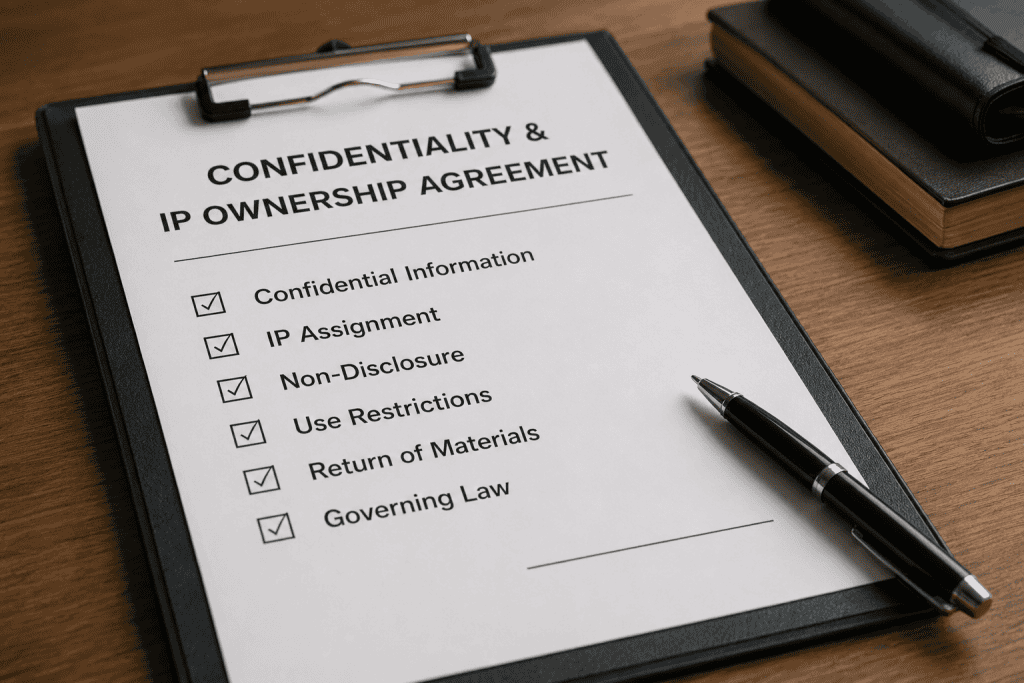 Business agreement establishing intellectual property ownership for outsourced software development.