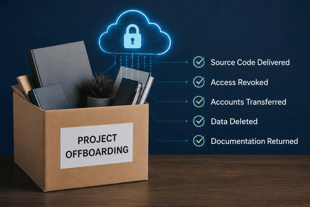 Secure project offboarding involving the return of software assets and removal of system access