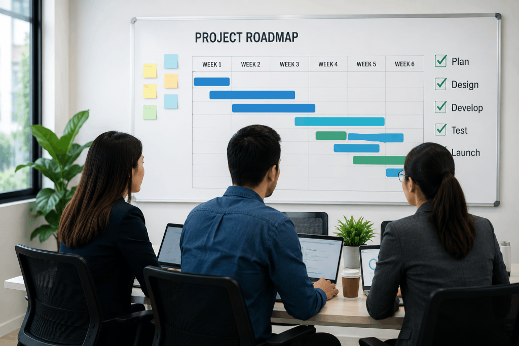 Team reviewing a project roadmap to improve delivery speed and keep business projects on track