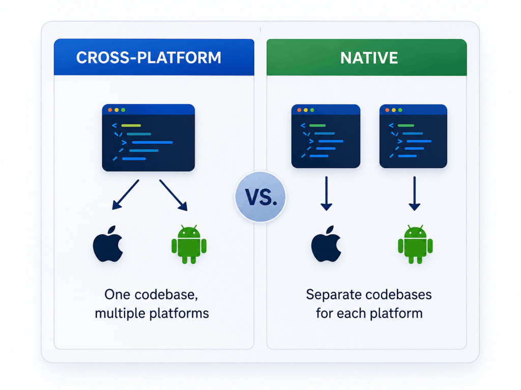 Visual comparison of one shared cross-platform app development codebase versus separate native app codebases