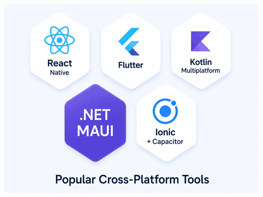 Popular mobile development tools including React Native, Flutter, Kotlin Multiplatform, .NET MAUI, and Ionic with Capacitor